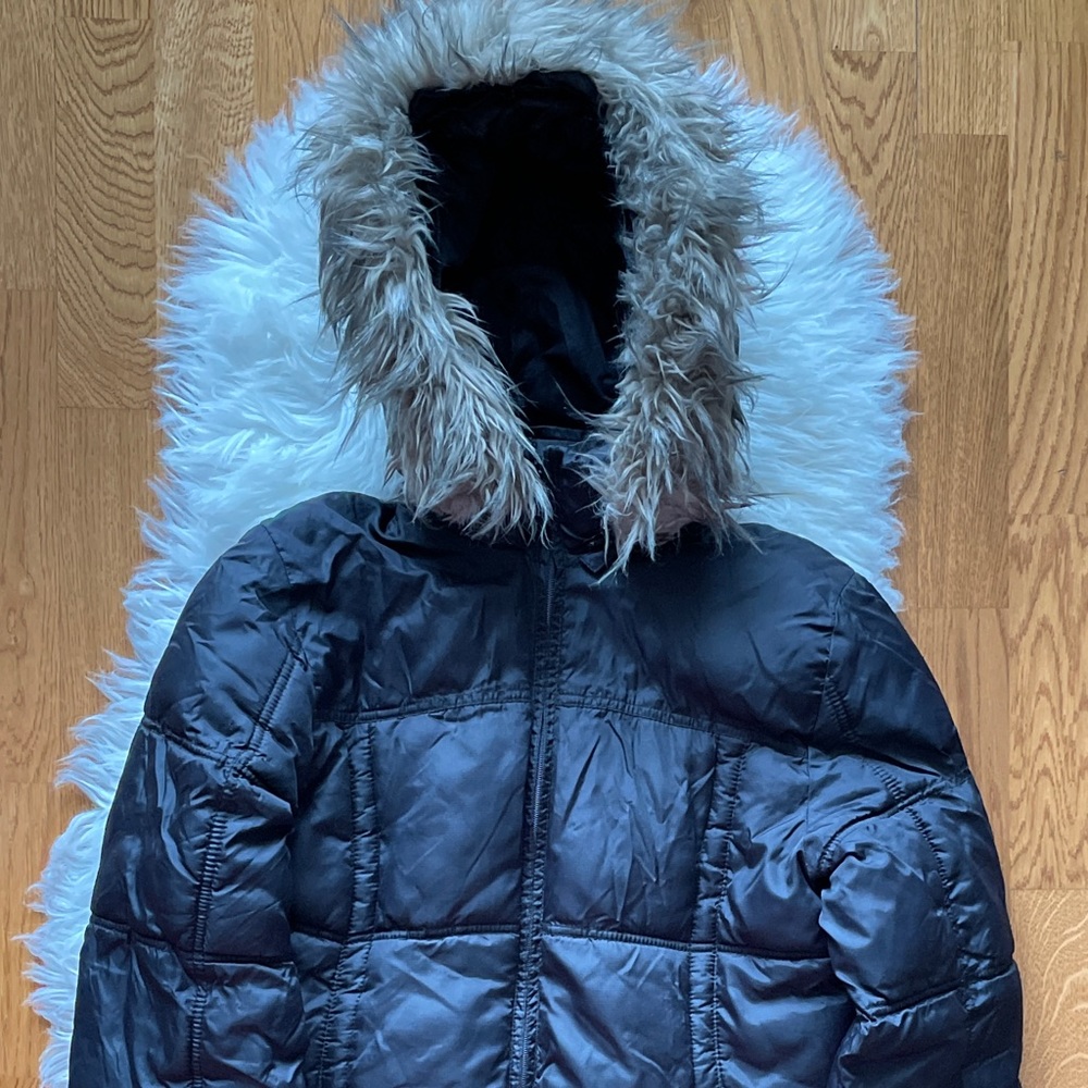 H&M Black Puffer Jacket Faux Fur Trim Hood Small
